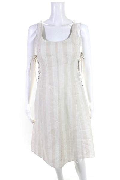 ASTR Womens Linen A-Line Sleeveless Lace Up Striped Dress Beige Size S