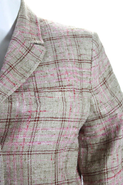 Faconnable Womens Silk Tweed Plaid Print Two Button Blazer Beige Pink Red Size 4