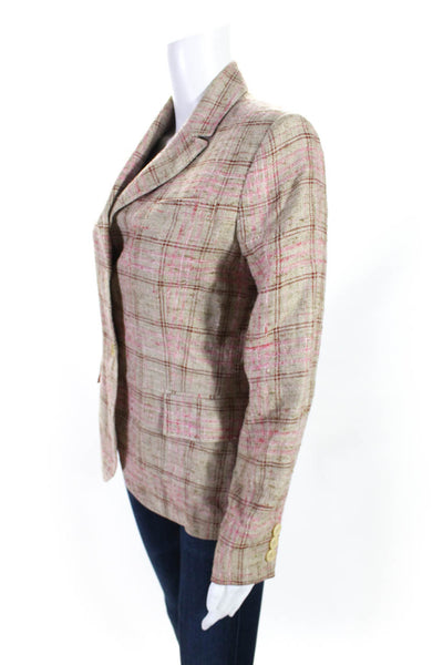 Faconnable Womens Silk Tweed Plaid Print Two Button Blazer Beige Pink Red Size 4