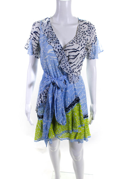 Tanya Taylor Women's Printed Short Sleeve V Neck Ruffle Mini Dress Blue Size 0