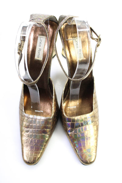 Linea Roma Womens Metallic Embossed Leather Ankle Strap High Heels Gold Size 9.5