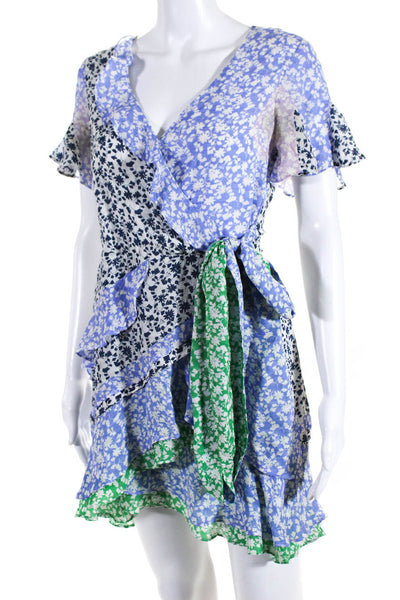 Tanya Taylor Women's Cotton Short Sleeve V-Neck Floral Ruffle Sundress Blue 0