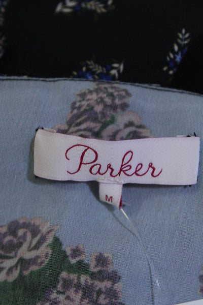 Parker Womens Spaghetti Strap Ruffled Silk Floral Bird Top Black Blue Medium