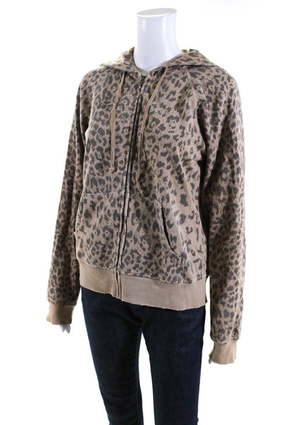 Current/Elliott Womens Front Zip Leopard Print Hoodie Sweatshirt Brown Size 2