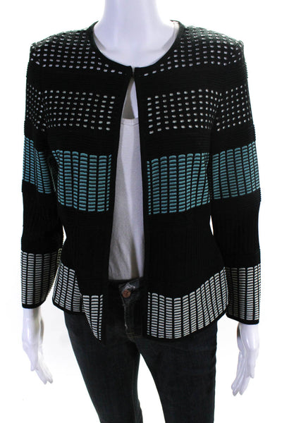Ming Wang Womens Hook Front Striped Knit Cardigan Sweater Black Blue Size PXS