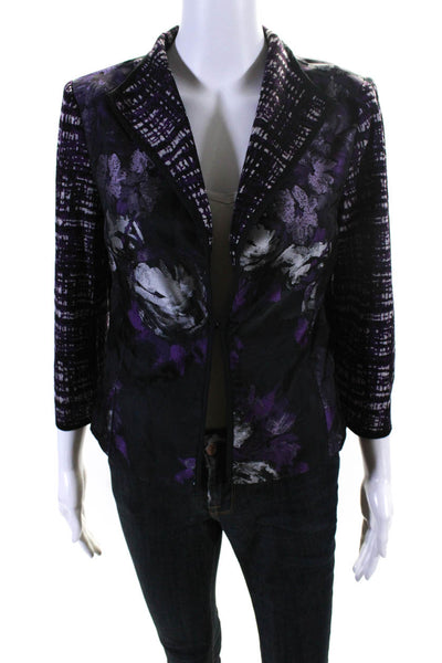 Ming Wang Womens Hook Fornt Floral 3/4 Sleeve Jacket Purple Black Size PXS