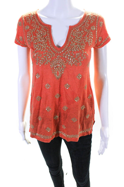 Calypso Womens Linen Embroidered Sequin Short Sleeve Top Orange Size XS