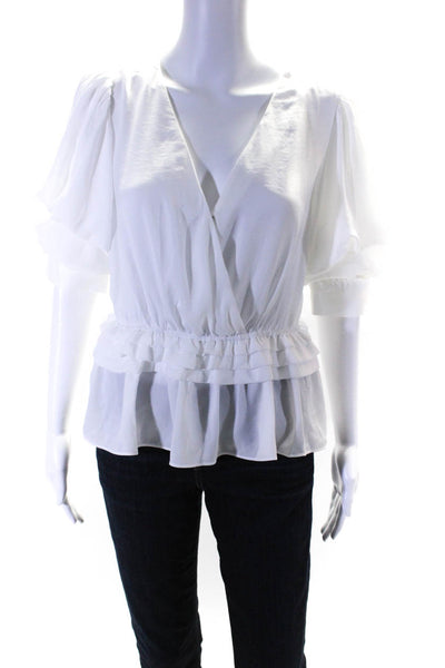 Do+Be Womens Ruffled Tier Puff Short Sleeve Snap Button Blouse Top White Size L