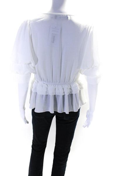 Do+Be Womens Ruffled Tier Puff Short Sleeve Snap Button Blouse Top White Size L