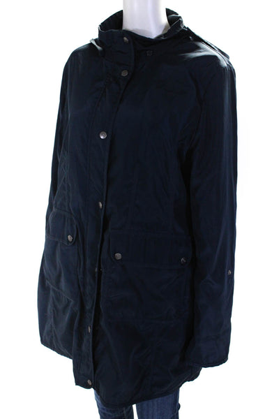 DKNY Womens Solid High Collar Hooded Lightweight Winter Coat Blue Size Medium