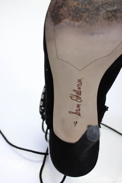 Sam Edelman Women's Suede Peep Toe Laced Grommet Fringe Trim Heels Black Size 7