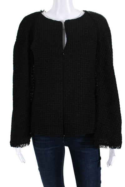 Chanel Womens Front Zip Fringe Trim Tweed Capelet Top Blouse Black Size FR 42