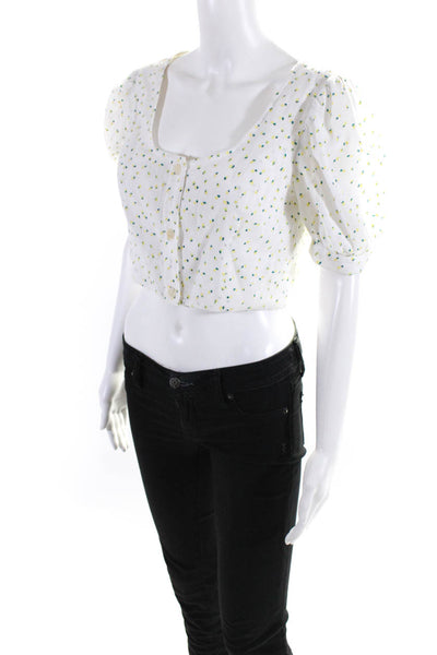 Staud Womens Floral Round Neck Short Puff Sleeved Buttoned Crop Top White Size 2