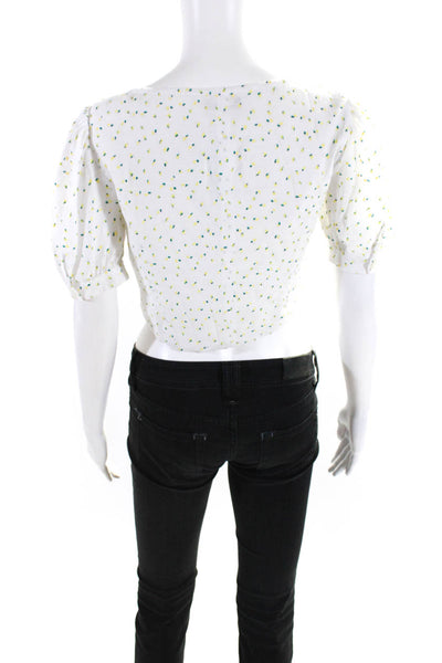 Staud Womens Floral Round Neck Short Puff Sleeved Buttoned Crop Top White Size 2