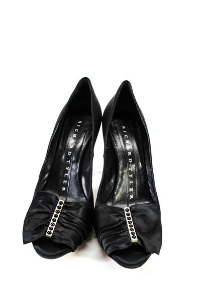 Richard Tyler Womens Solid Peep Toe Bow Detail Jeweled Stilettos Black Size 8