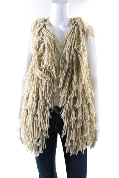 ABS Womens Solid Open Knit Fringe Open Front Sleeveless Vest Sweater Beige OS