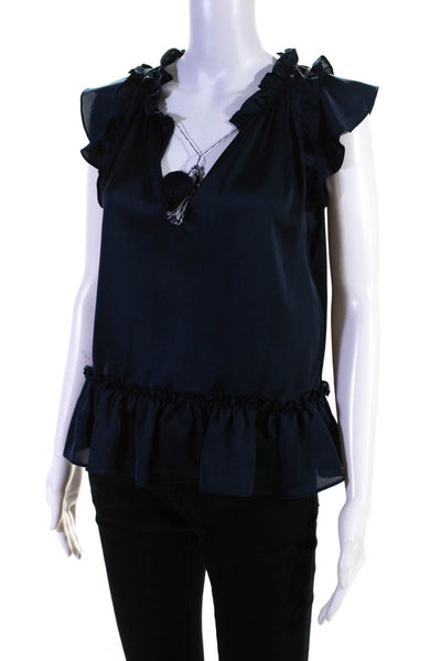 Misa Women's Silk Sleeveless V-Neck Tassel Ruffle Blouse Blue Size XS
