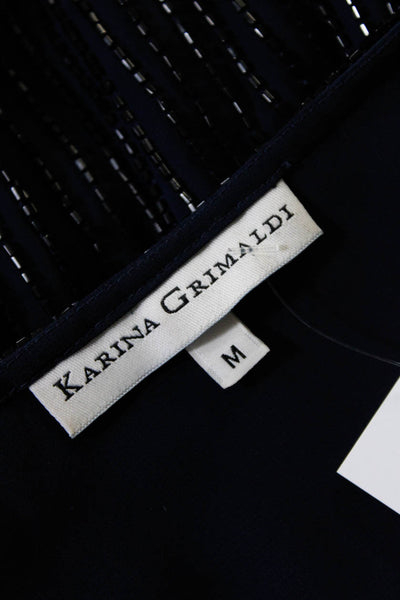 Karina Grimaldi Womens Navy Silk Beaded Belted Long Sleeve Shift Dress Size M