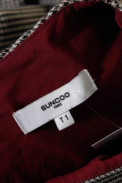 Suncoo Womens Brown Houndstooth Ruffle Long Sleeve Zip Back A-Line Dress Size S