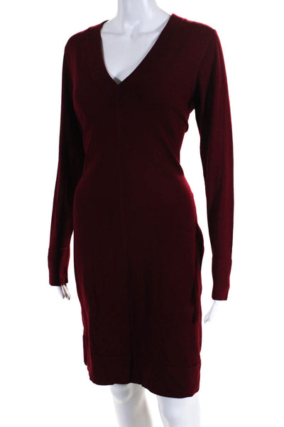 Jason Wu Women's Long Sleeve V-Neck Fitted Sweater Dress Burgundy Size M