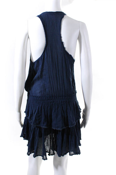 Love Shack Fancy Womens Cotton Scoop Neck Tiered Mini Blouson Dress Blue Size S