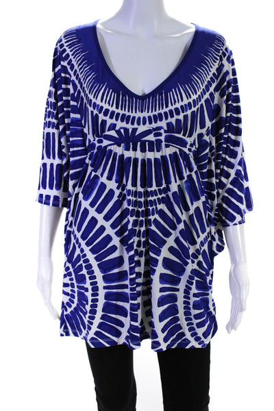 Trina Turk Womens Abstract Print V Neck Blouse Blue White Size Small