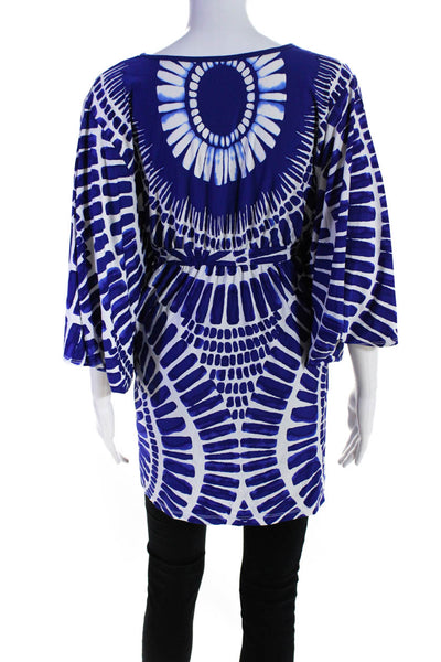 Trina Turk Womens Abstract Print V Neck Blouse Blue White Size Small