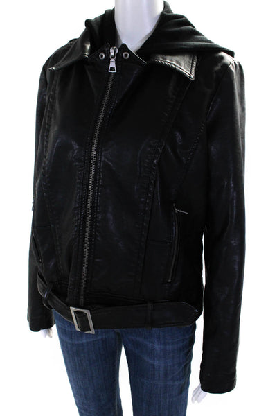 Design Lab Womens Black Vegan Leather Hooded Full Zip Motorcycle Jacket Size L