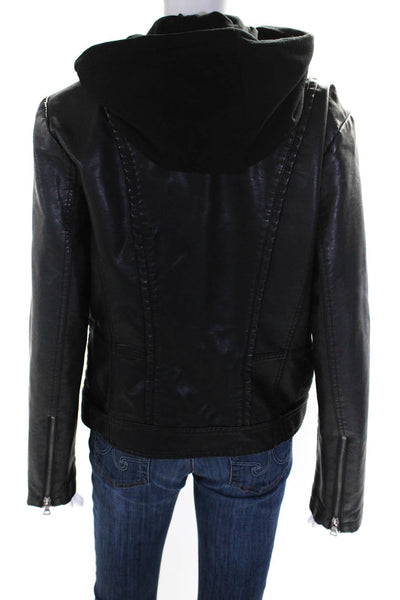 Design Lab Womens Black Vegan Leather Hooded Full Zip Motorcycle Jacket Size L