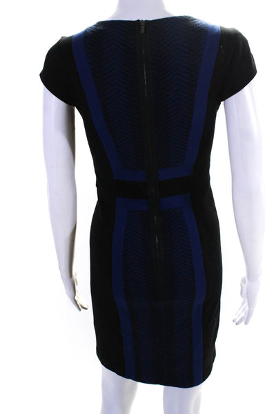 BCBGMAXAZRIA Womens Zig Zag Print Cap Sleeve Sheath Dress Blue Black Size 2
