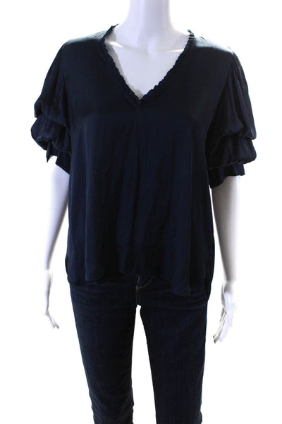 Zadig & Voltaire Womens Satin Ruffled V Neck Short Sleeved Blouse Blue Size M