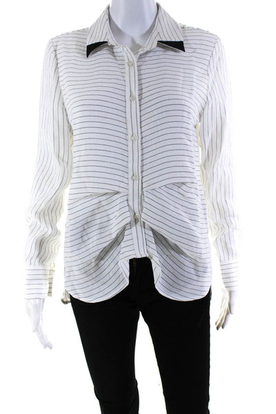 Patrizia Luca Womens Button V-Neck Striped Pleated Shirt Blouse White Size Small