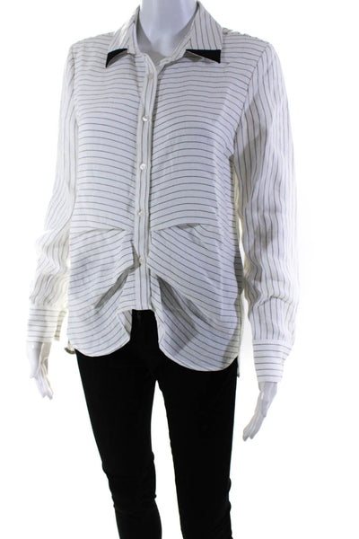Patrizia Luca Womens Button V-Neck Striped Pleated Shirt Blouse White Size Small
