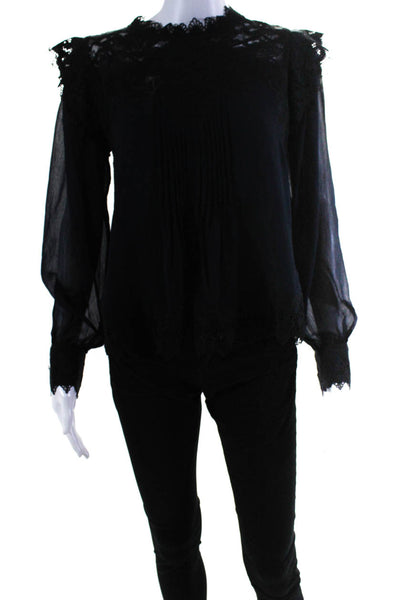 Love Sam Womens Solid Pleated Button Back Eyelet Long Sleeve Blouse Black Size S