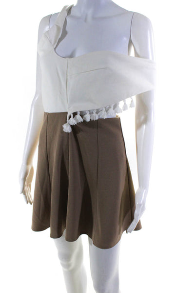 NBD Womens Cross Strap Cutout Knit Color Block Dress White Beige Size Small