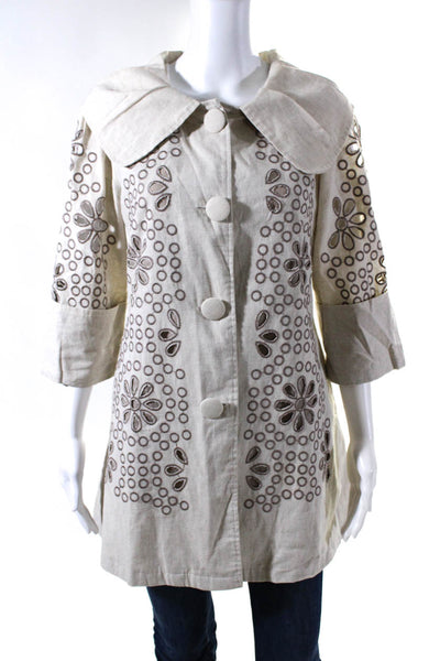 Ryu Women's Collar 3/4 Sleeves Embroidered Lined Four Button Robe Beige Size M
