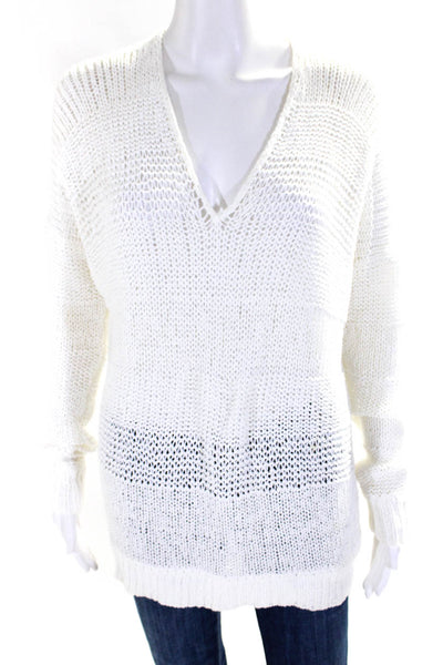 Vince Womens Knit V Neck Long Sleeve Sweater White Cotton Size Small