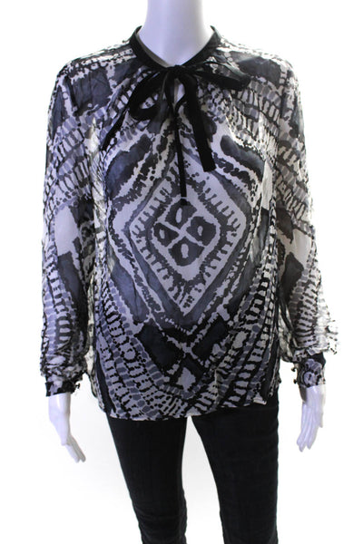Adam Lippes Womens Long Sleeve Tie Collar Graphic Print Blouse Black Gray Size L