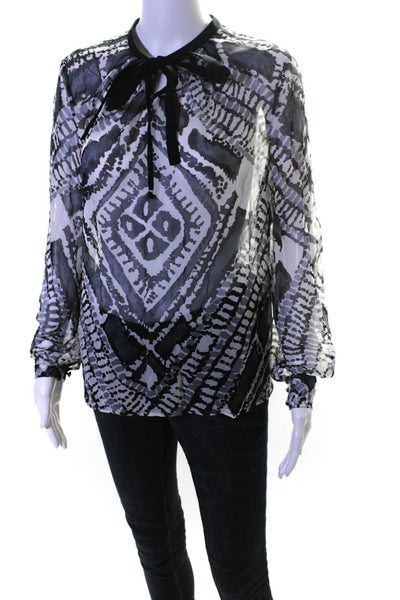 Adam Lippes Womens Long Sleeve Tie Collar Graphic Print Blouse Black Gray Size L