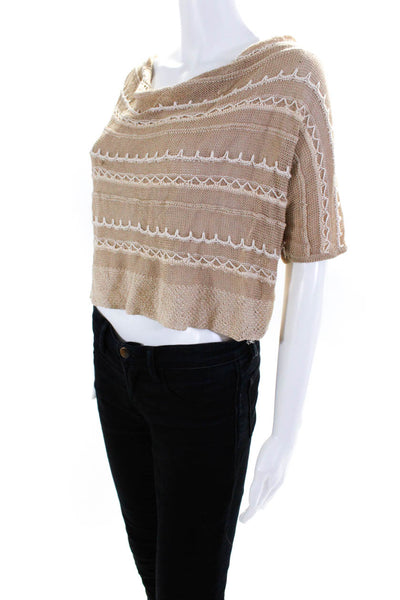 Knitted & Knotted Womens Linen Short Sleeve Cowl Neck Cropped Blouse Tan Size XS
