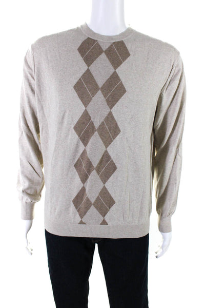 Perry Ellis Mens Brown Cotton Argyle Crew Neck Long Sleeve Sweater Top Size L