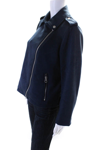 Scoop Womens Solid Suede Side Zip Collared Biker Jacket Blue Size Extra Small
