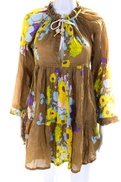 Yvonne S Womens Brown Floral Print V-Neck Long Sleeve Tiered A-Line Dress Size X