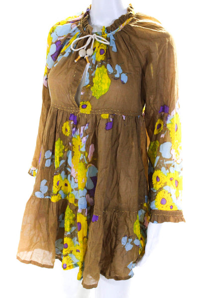 Yvonne S Womens Brown Floral Print V-Neck Long Sleeve Tiered A-Line Dress Size X
