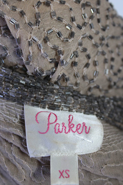 Parker Womens Brown Beaded Scoop Neck Short Sleeve Drop Waist Dress Size XS