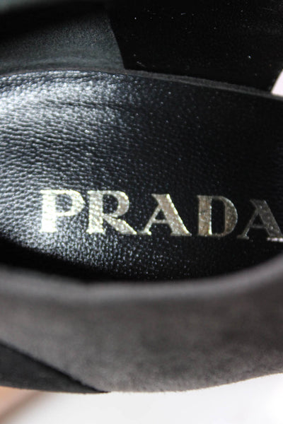 Prada Womens Block Heel Cap Toe Ankle Strap Sandals Gray Black Suede Size 37.5