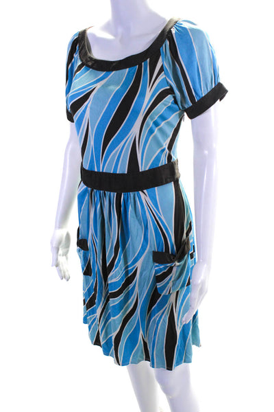 Elie Tahari Womens Striped Short Sleeve Midi Round Neck Empire Dress Blue Size S