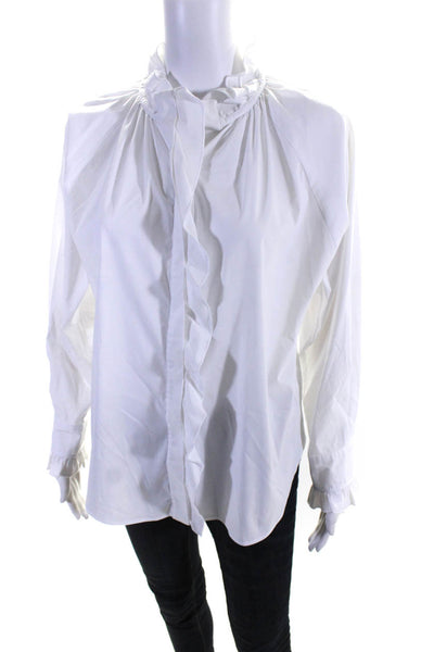Finley Womens Button Front Long Sleeve Ruffled Crew Neck Shirt White Size Small