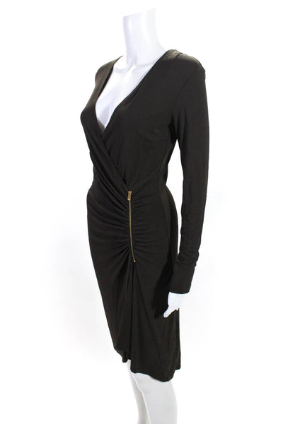 Michael Kors Womens Brown V-neck Drape Detail Zip Long Sleeve Wiggle Dress Size6