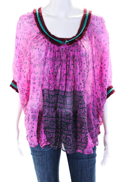 Poupette St. Barth Womens Purple Floral Print Short Sleeve Blouse Top Size OS